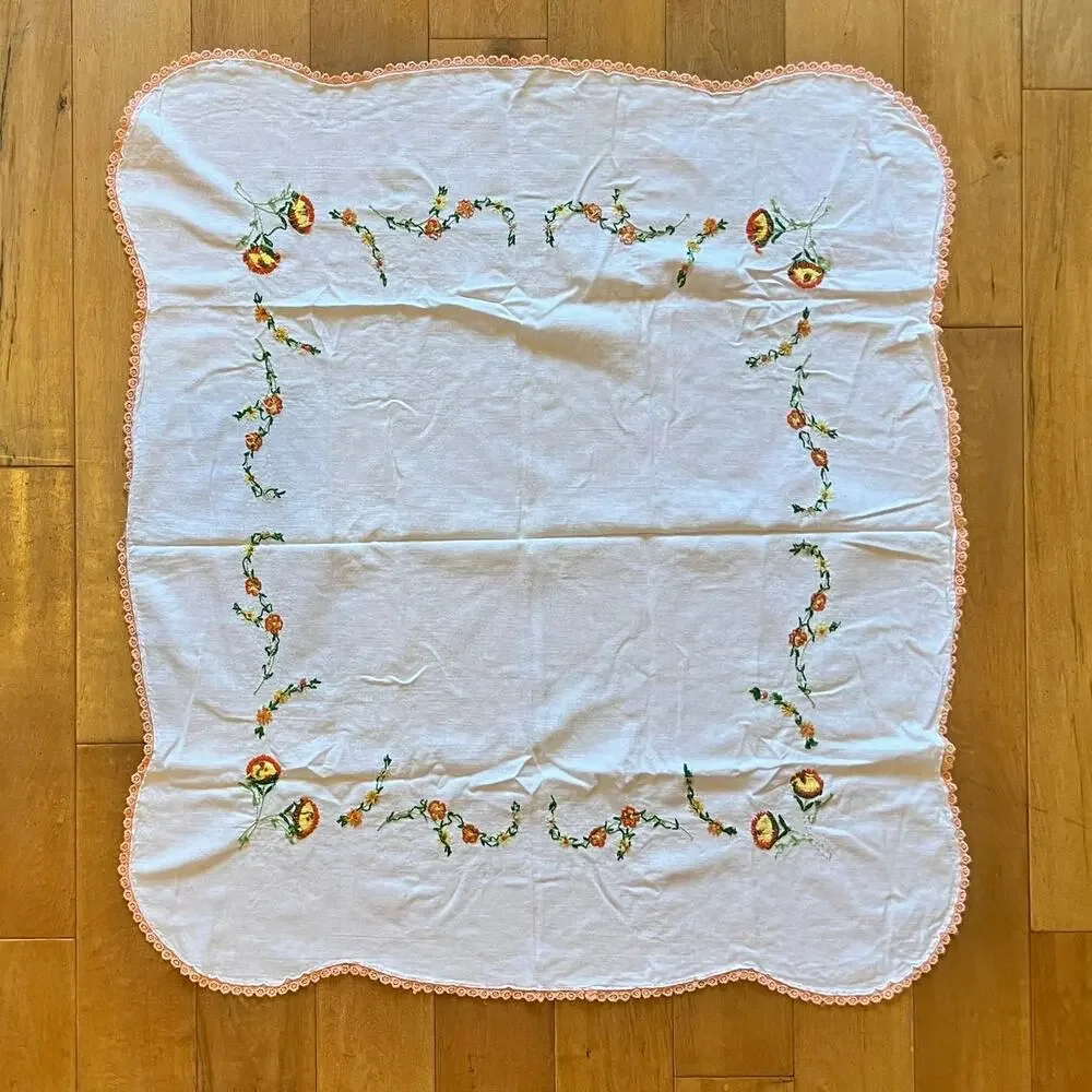 Vintage Hand Embroidered Floral Tablecloth 35x39.5 White Cotton Lace Edge Flower